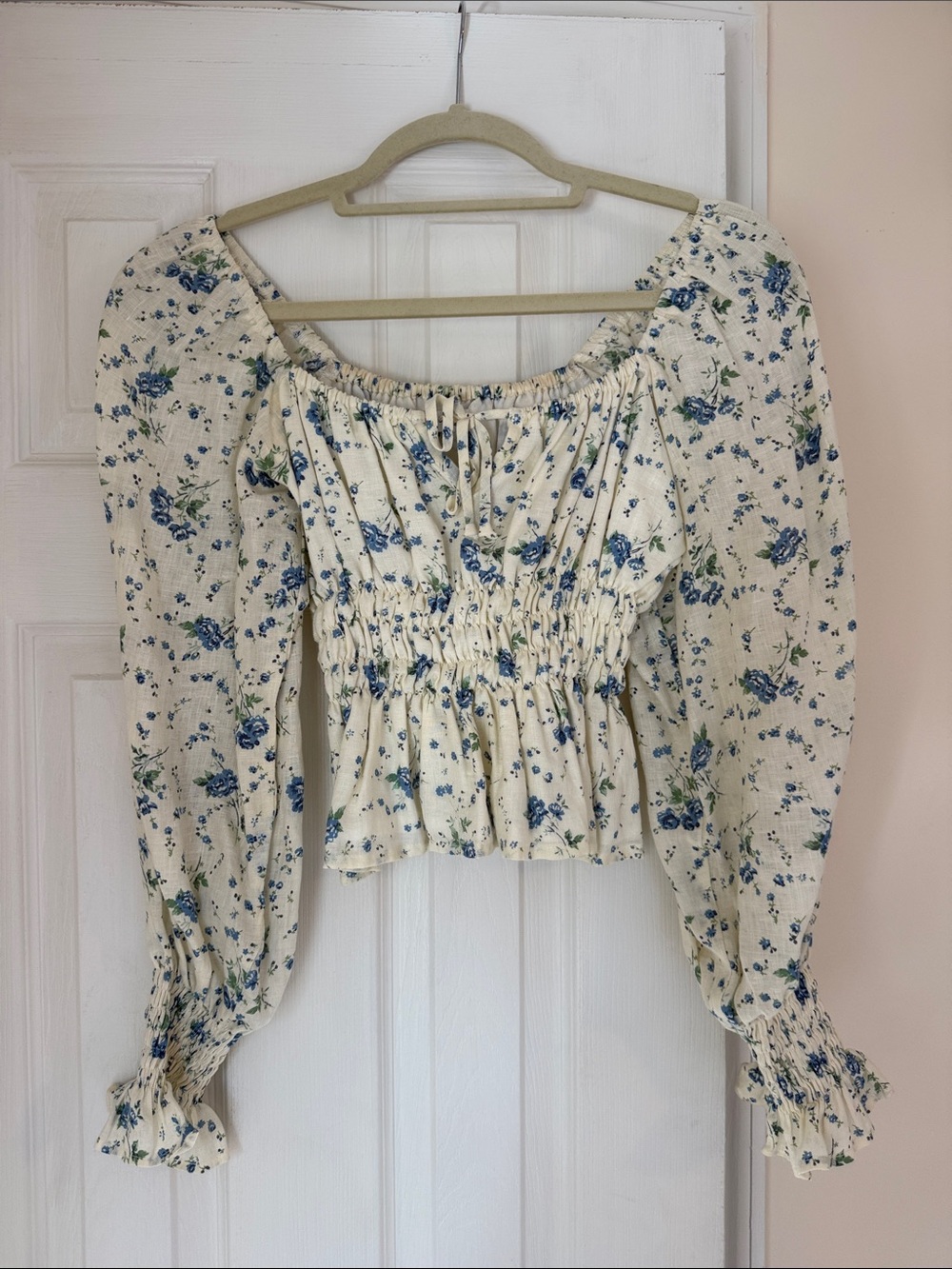 Faithful the Brand.Smocked Floral Off the shoulder Top - Cream with Blue Floral